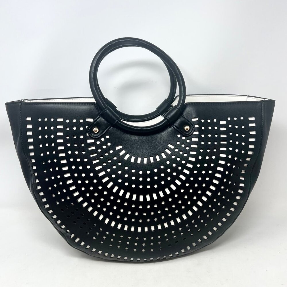 C EST 1946 Purse‎ Bag Large Black Half Circle Perforated Black White + Strap